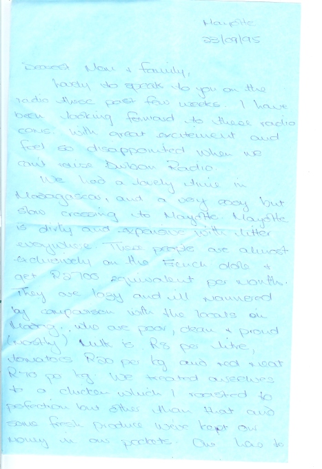 val's letter from Mayotte 23rd Sept '95 000