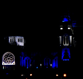 The church lit up at night, it changed from blue to red, green, orange etc... 